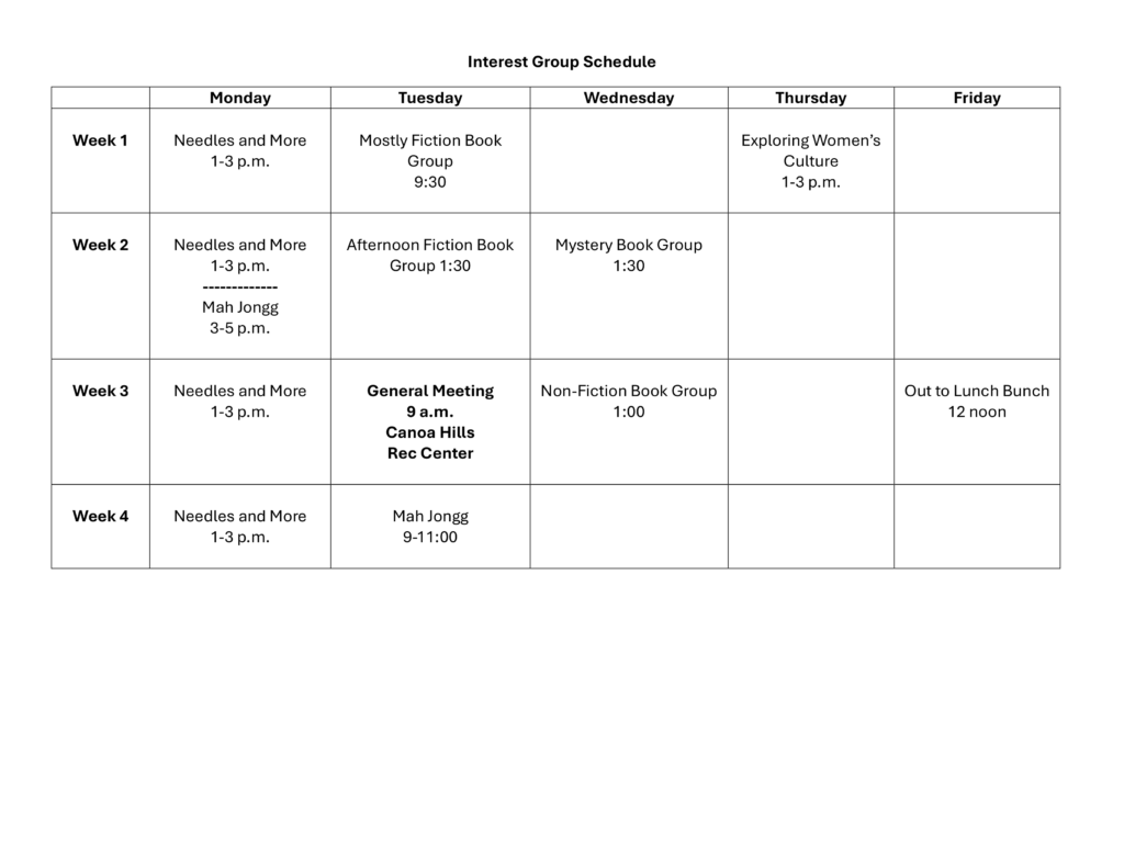 calendar of monthly activities
